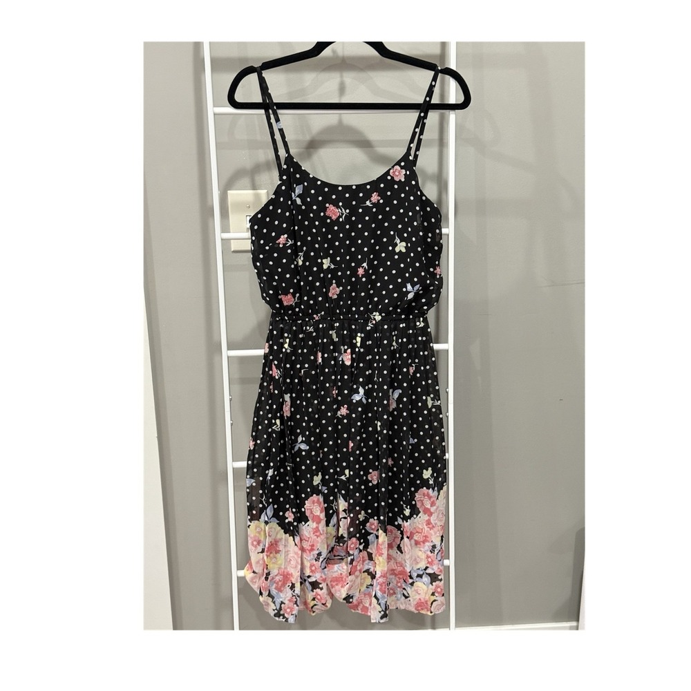 ELLE‎ Black Polka Dot Floral Sundress Boho Feminine Vacation Wear Garden M